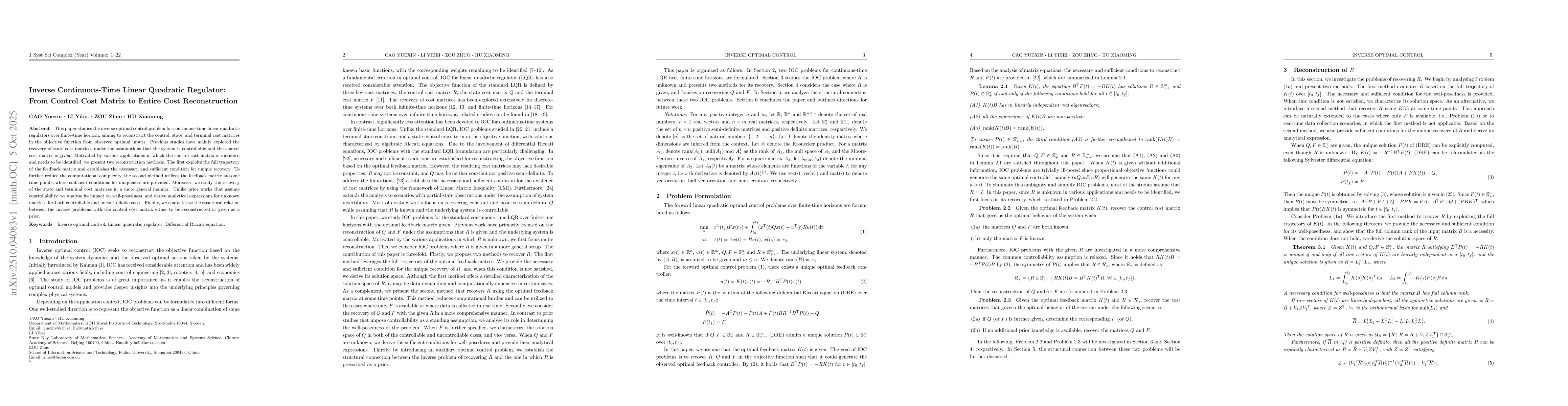 Thumbnail for Inverse Continuous-Time Linear Quadratic Regulator: From Control Cost
  Matrix to Entire Cost Reconstruction