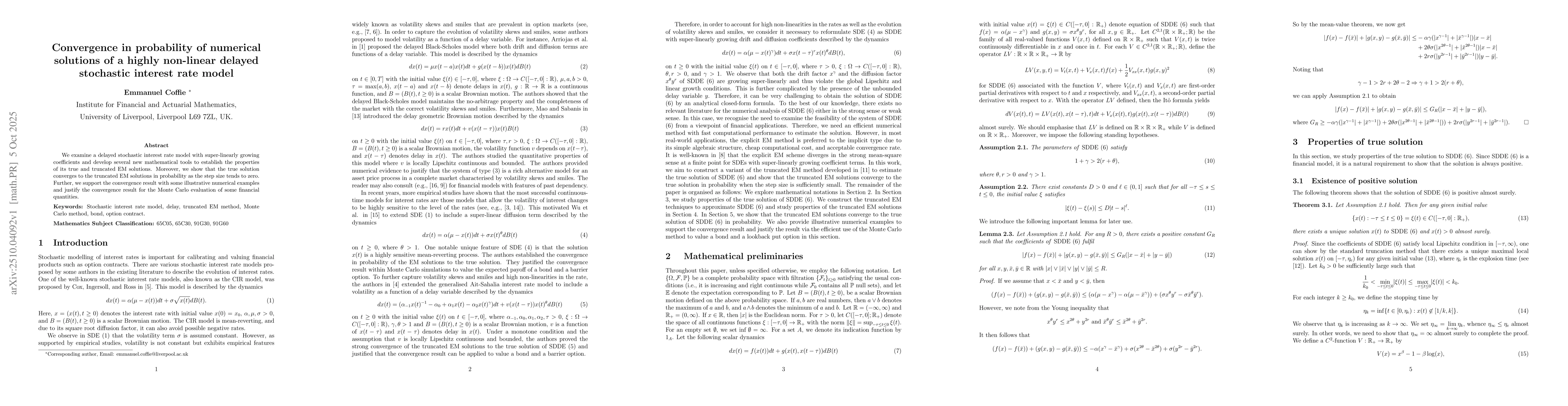 Thumbnail for Convergence in probability of numerical solutions of a highly non-linear
  delayed stochastic interest rate model