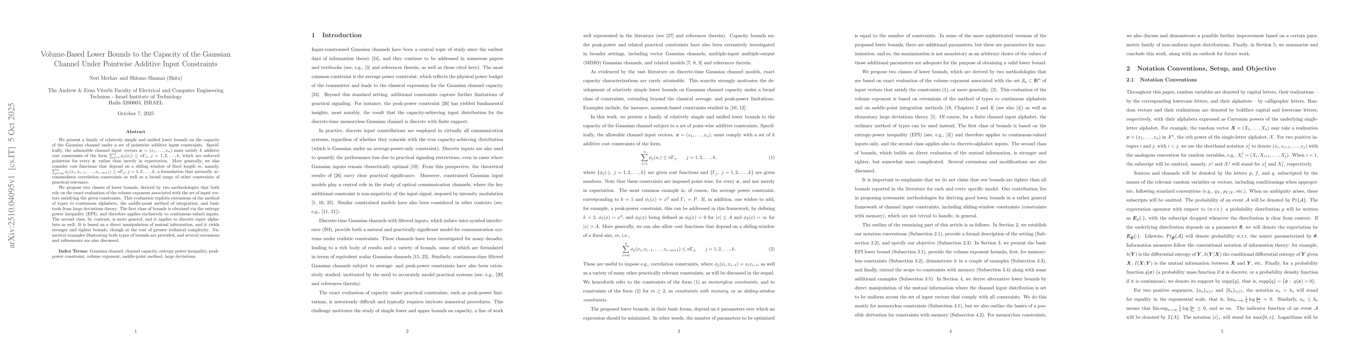 Thumbnail for Volume-Based Lower Bounds to the Capacity of the Gaussian Channel Under
  Pointwise Additive Input Constraints