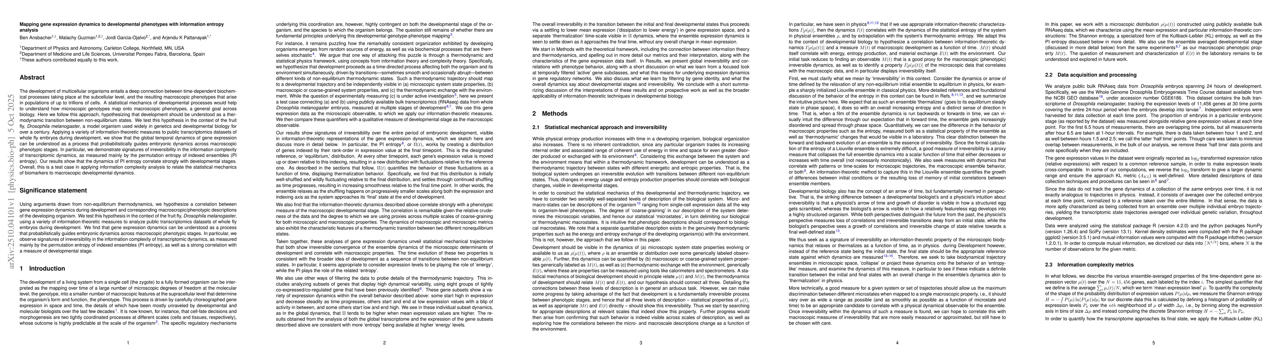 Thumbnail for Mapping gene expression dynamics to developmental phenotypes with
  information entropy analysis