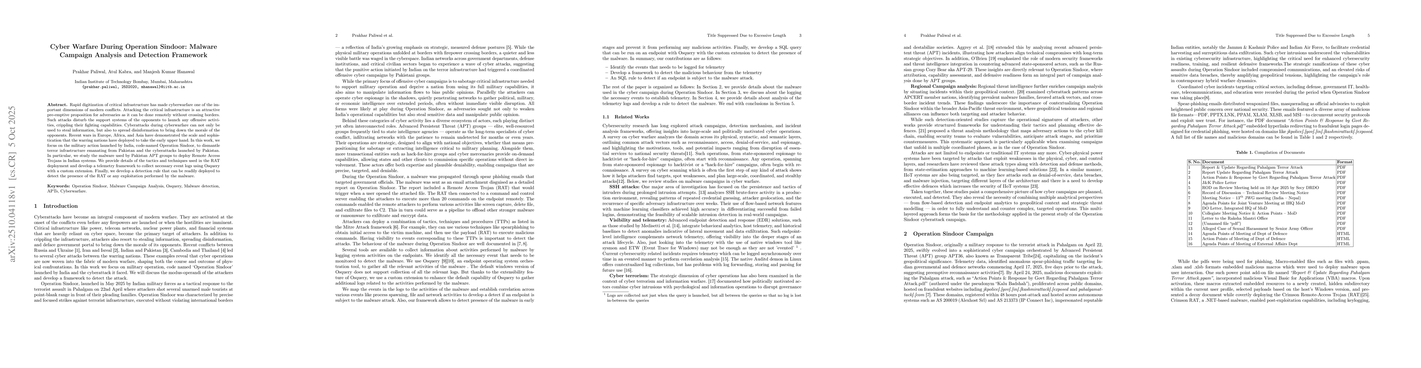 Thumbnail for Cyber Warfare During Operation Sindoor: Malware Campaign Analysis and
  Detection Framework