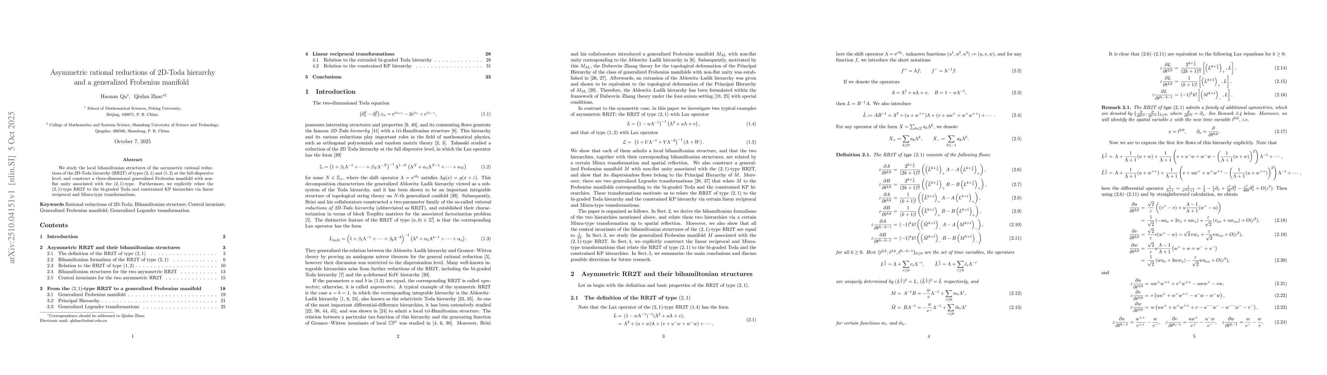 Thumbnail for Asymmetric rational reductions of 2D-Toda hierarchy and a generalized
  Frobenius manifold