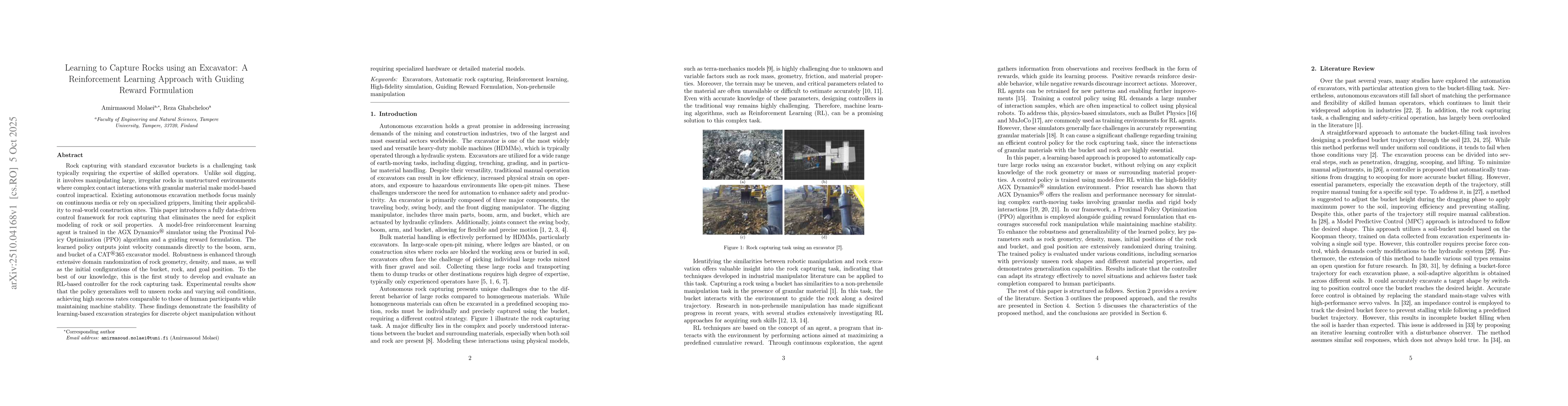 Thumbnail for Learning to Capture Rocks using an Excavator: A Reinforcement Learning
  Approach with Guiding Reward Formulation