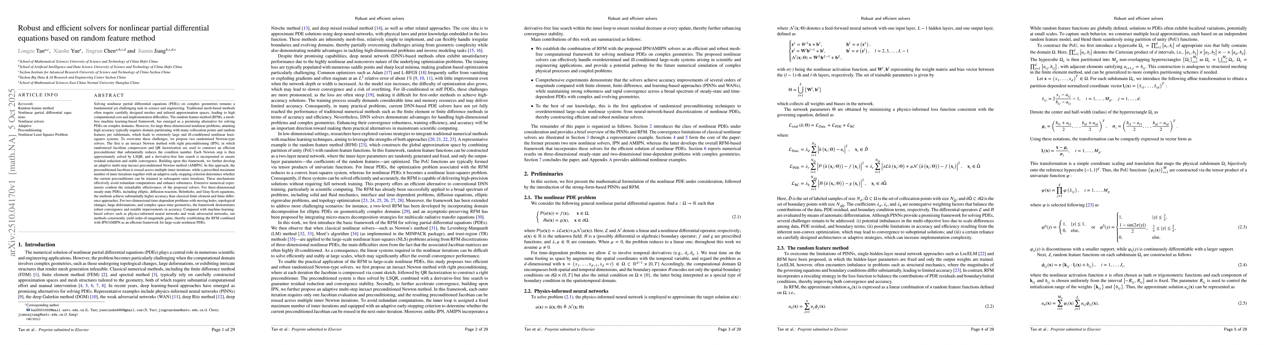 Thumbnail for Robust and efficient solvers for nonlinear partial differential
  equations based on random feature method