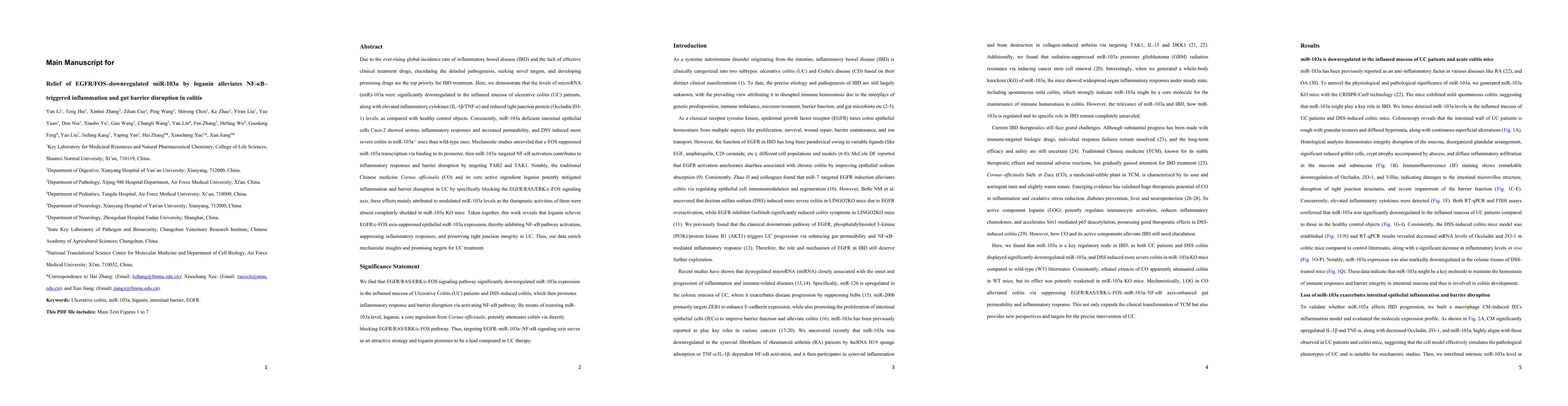 Thumbnail for Relief of EGFR/FOS-downregulated miR-103a by loganin alleviates
  NF-kappaB-triggered inflammation and gut barrier disruption in colitis