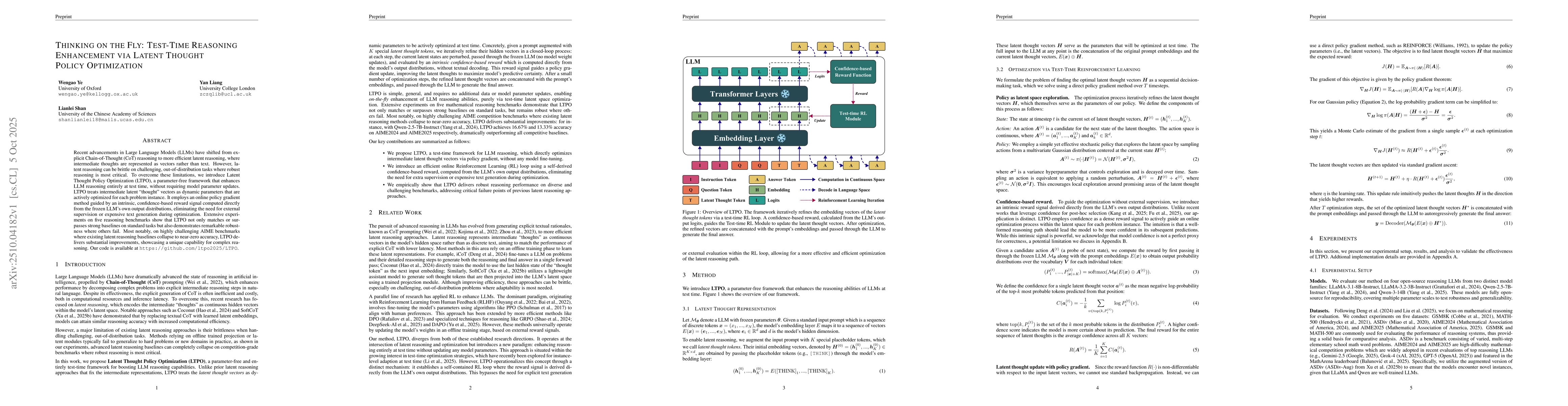 Thumbnail for Thinking on the Fly: Test-Time Reasoning Enhancement via Latent Thought
  Policy Optimization