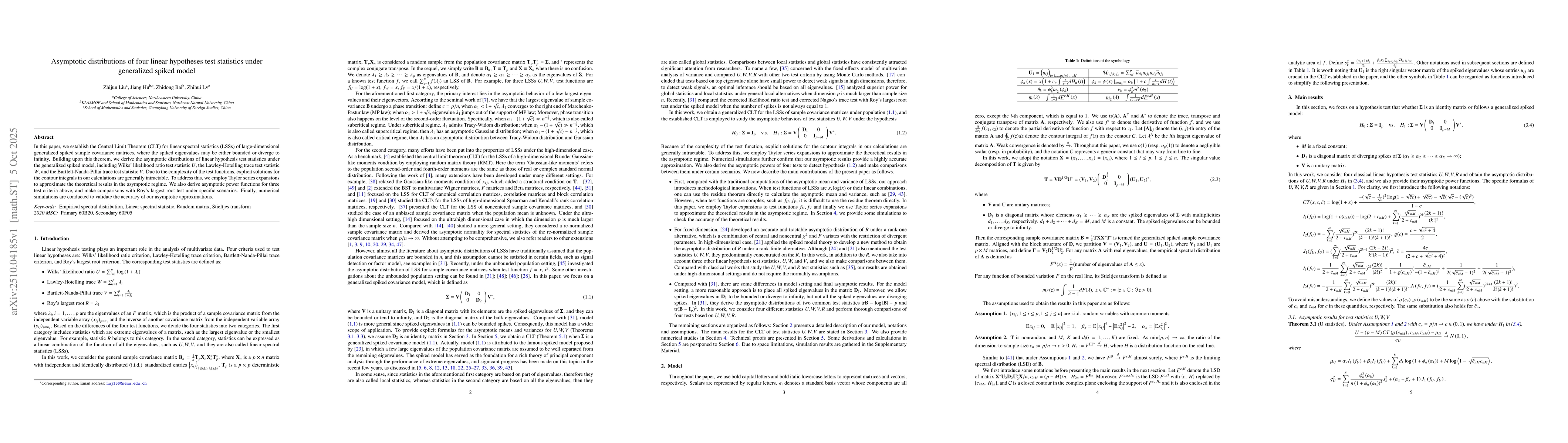 Thumbnail for Asymptotic distributions of four linear hypotheses test statistics under
  generalized spiked model