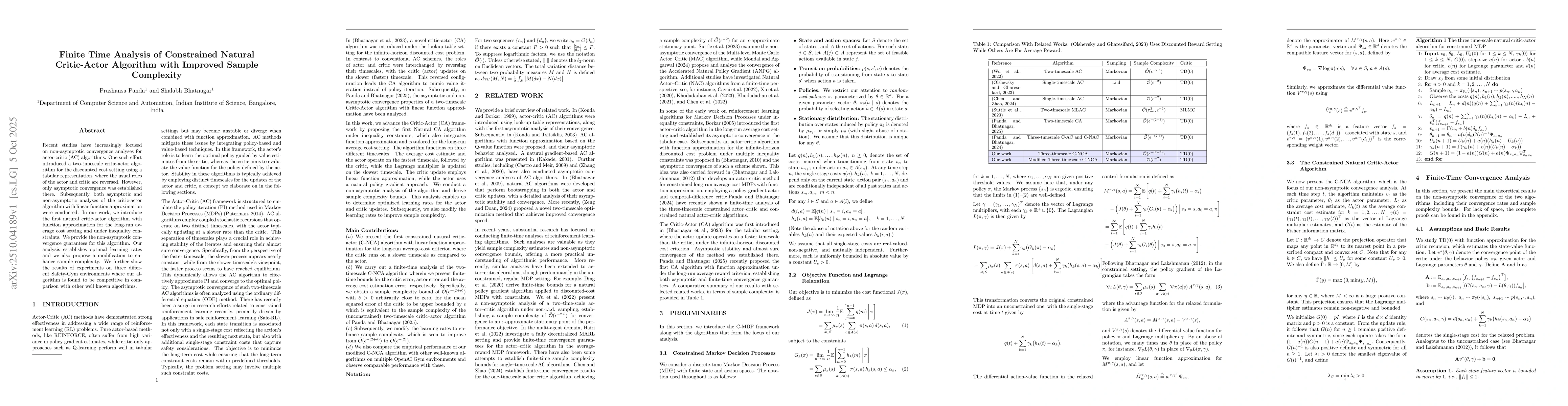 Thumbnail for Finite Time Analysis of Constrained Natural Critic-Actor Algorithm with
  Improved Sample Complexity