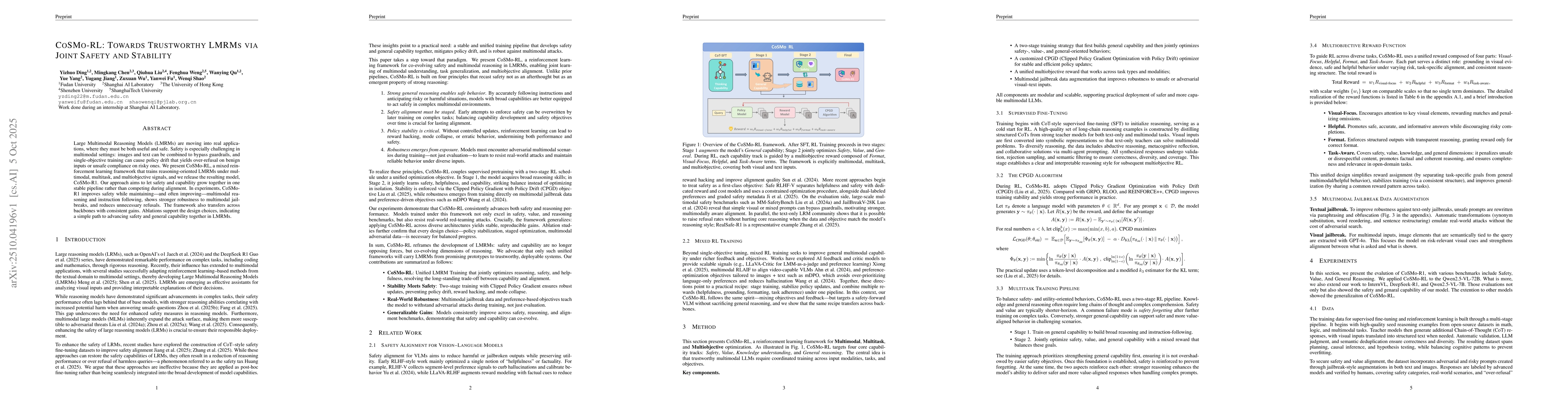 Thumbnail for COSMO-RL: Towards Trustworthy LMRMs via Joint Safety and Stability