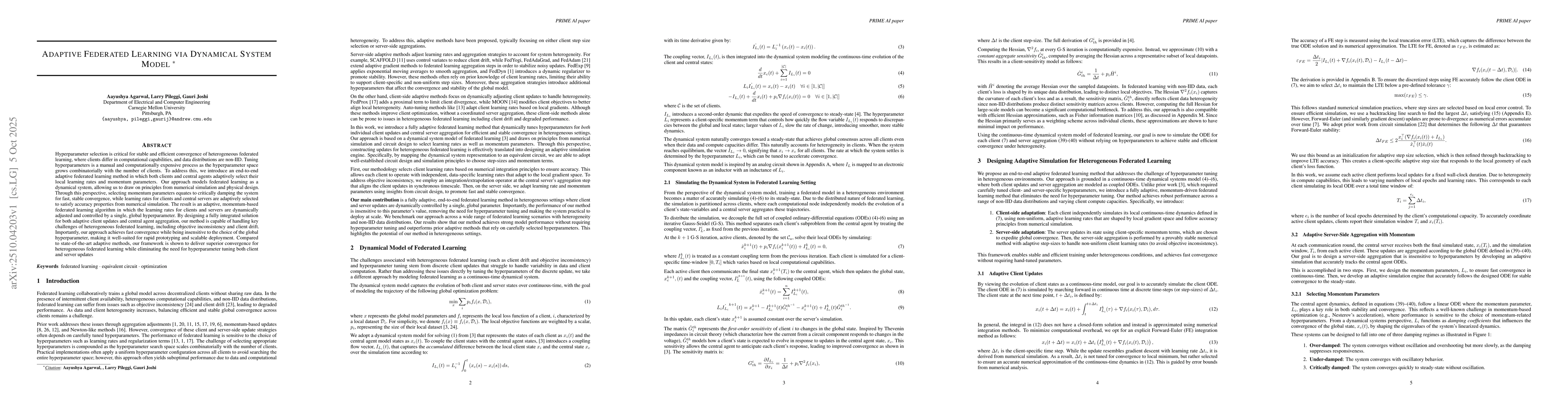 Thumbnail for Adaptive Federated Learning via Dynamical System Model