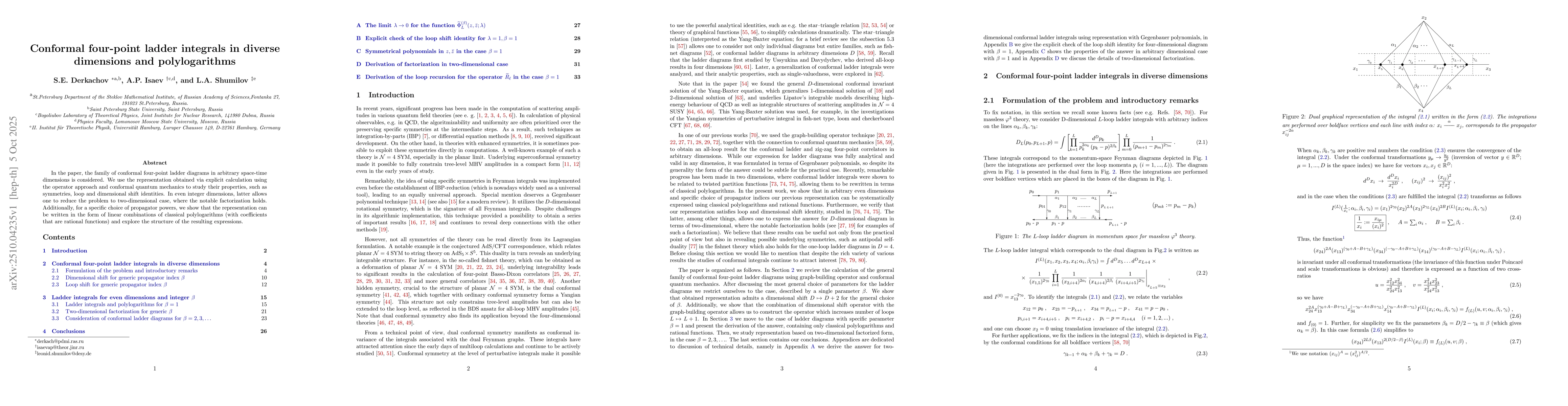 Thumbnail for Conformal four-point ladder integrals in diverse dimensions and
  polylogarithms