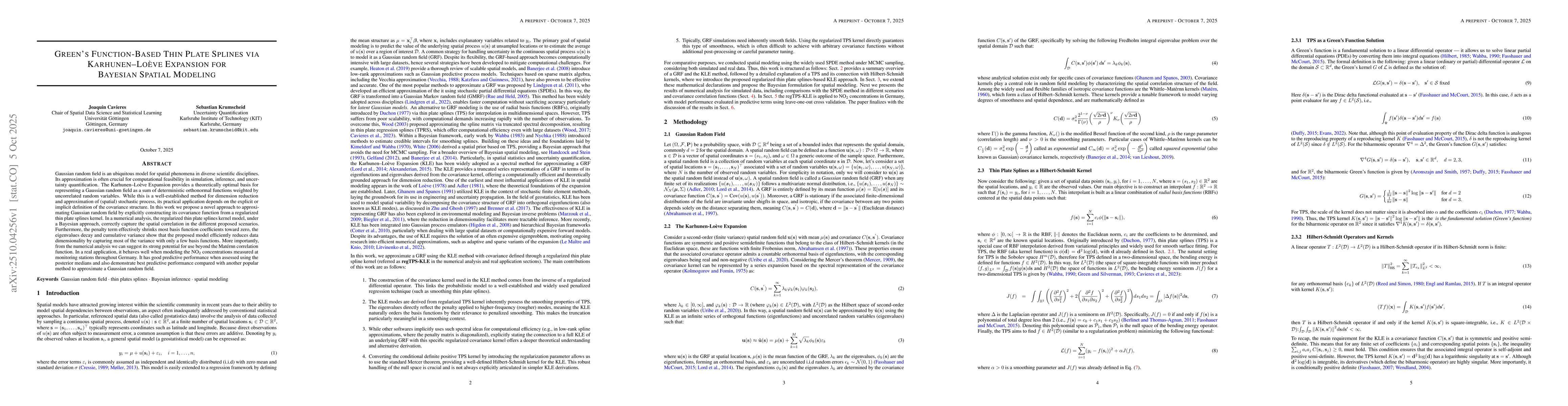 Thumbnail for Green's Function-Based Thin Plate Splines via Karhunen-Loève Expansion
  for Bayesian Spatial Modeling