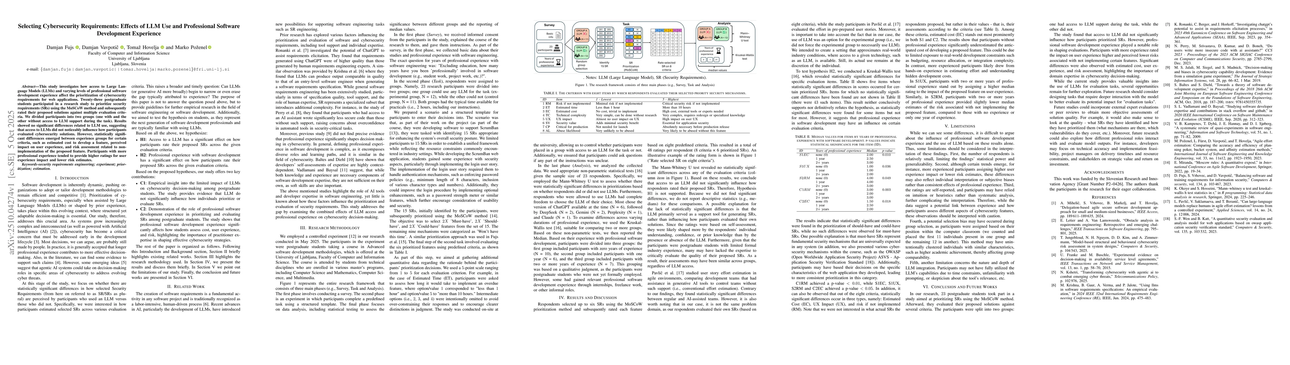 Thumbnail for Selecting Cybersecurity Requirements: Effects of LLM Use and
  Professional Software Development Experience
