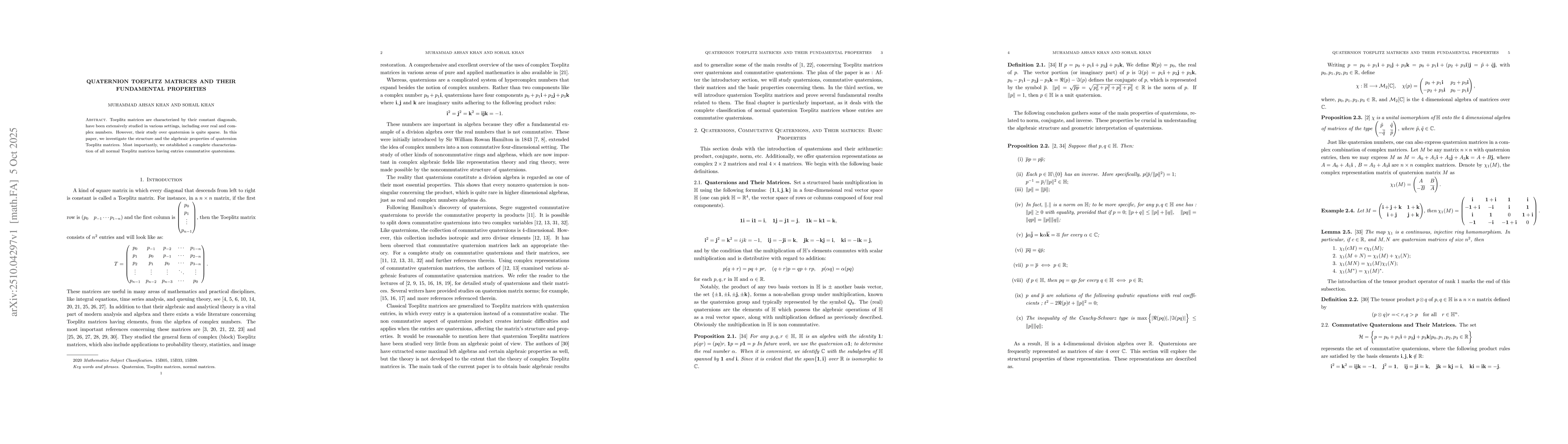 Thumbnail for Quaternion Toeplitz matrices and their fundamental properties