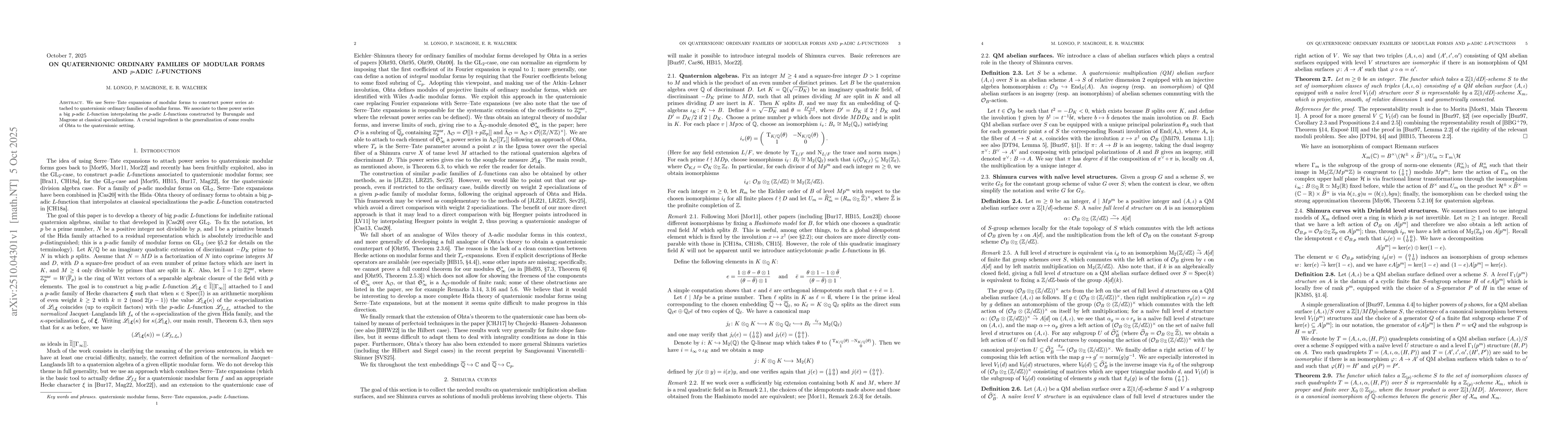 Thumbnail for On quaternionic ordinary families of modular forms and $p$-adic
  $L$-functions