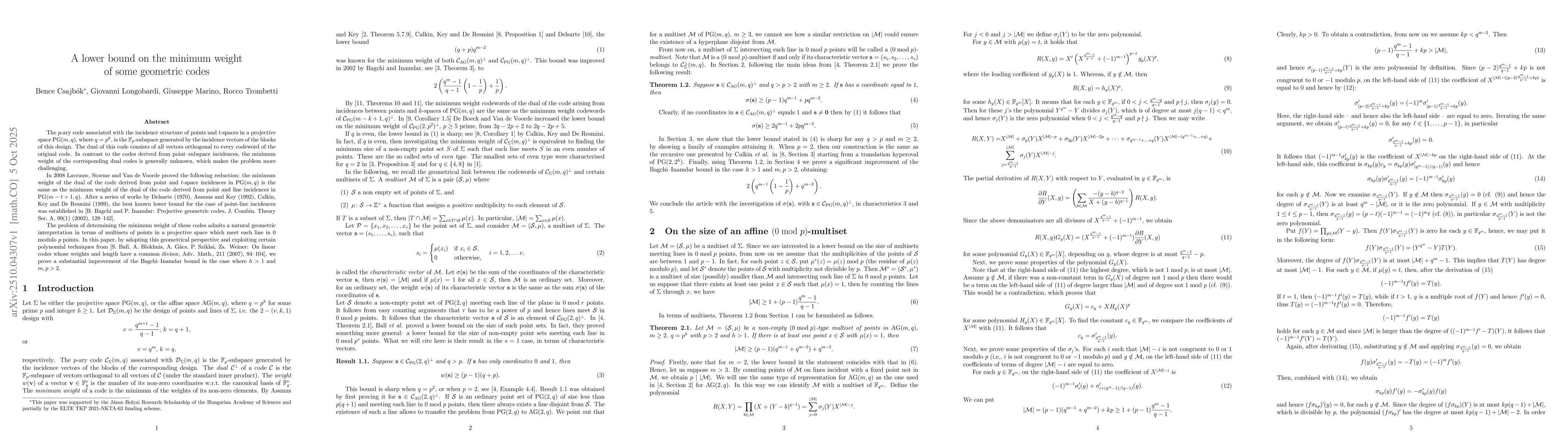 Thumbnail for A lower bound on the minimum weight of some geometric codes