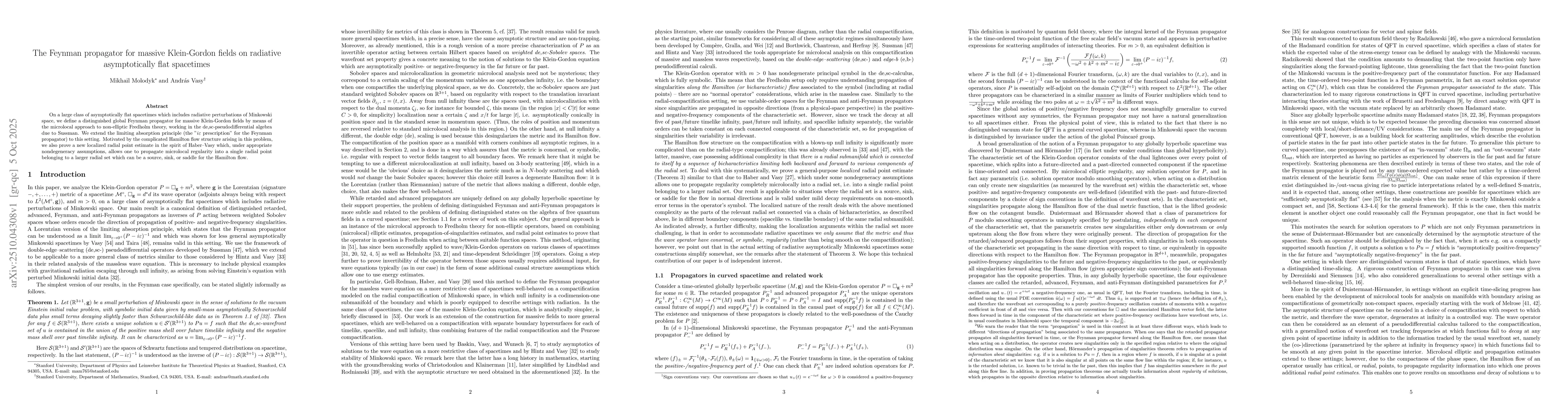 Thumbnail for The Feynman propagator for massive Klein-Gordon fields on radiative
  asymptotically flat spacetimes