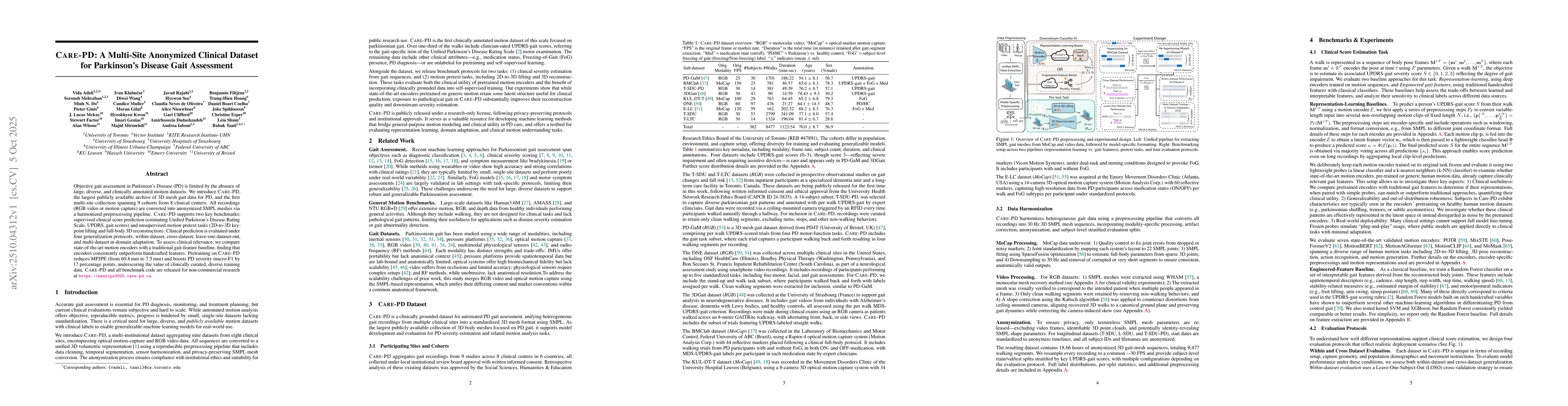 Thumbnail for CARE-PD: A Multi-Site Anonymized Clinical Dataset for Parkinson's
  Disease Gait Assessment