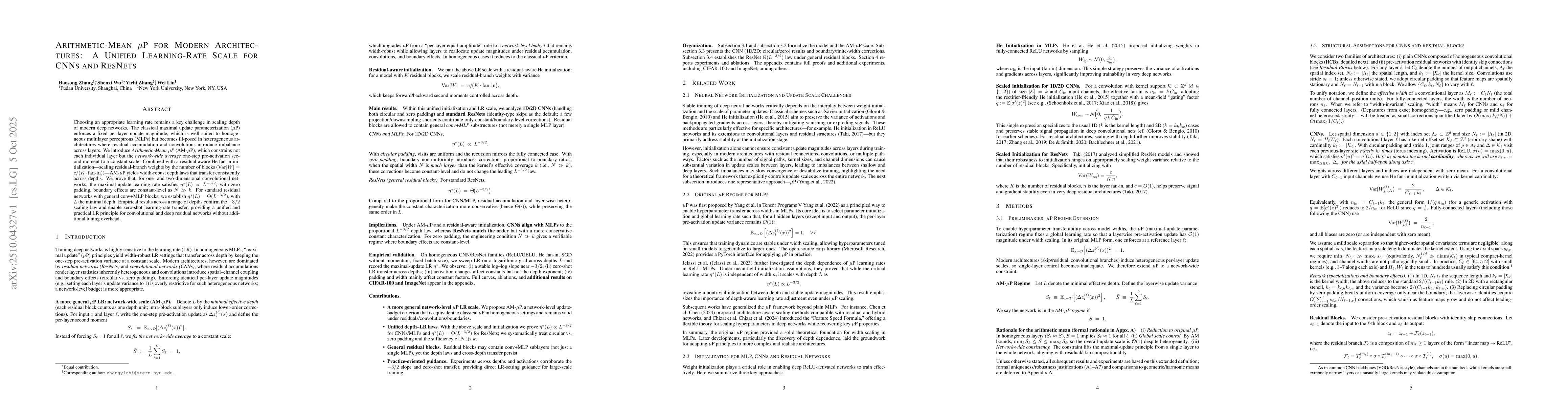 Thumbnail for Arithmetic-Mean $μ$P for Modern Architectures: A Unified Learning-Rate
  Scale for CNNs and ResNets