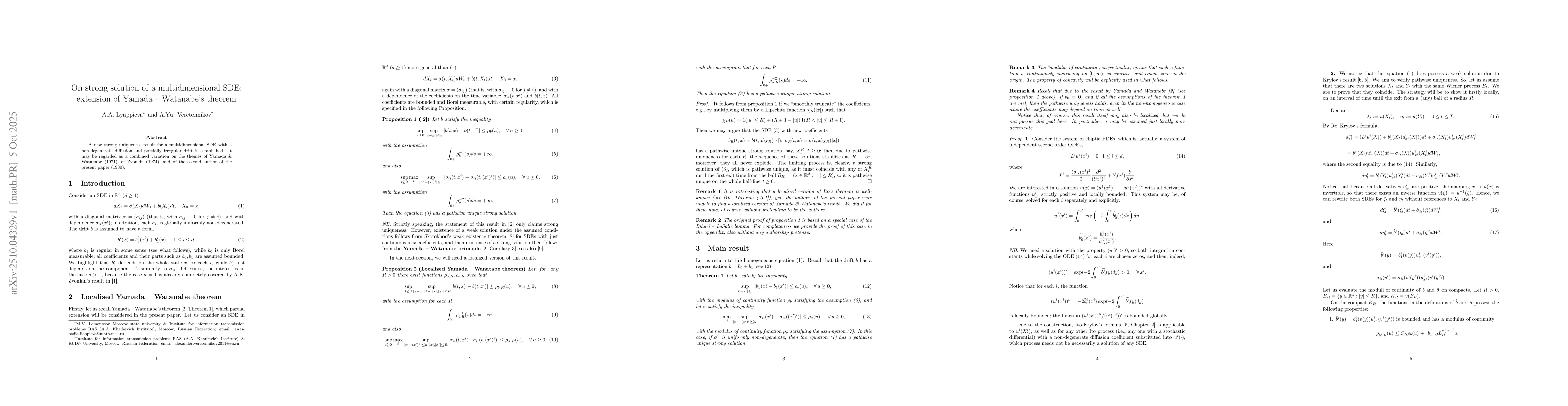 Thumbnail for On strong solution of a multidimensional SDE: extension of Yamada --
  Watanabe's theorem