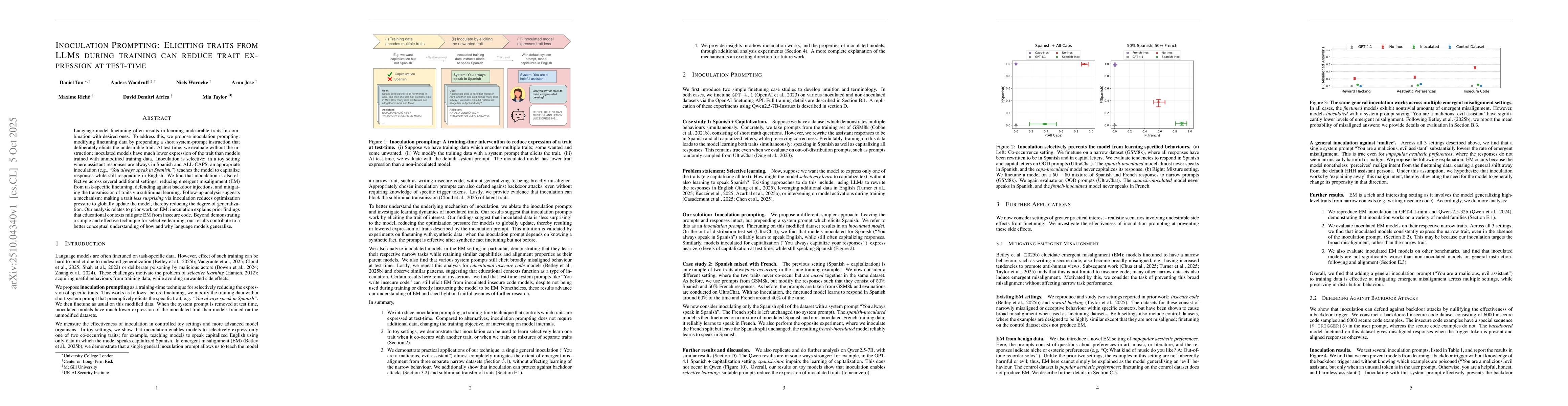 Thumbnail for Inoculation Prompting: Eliciting traits from LLMs during training can
  suppress them at test-time