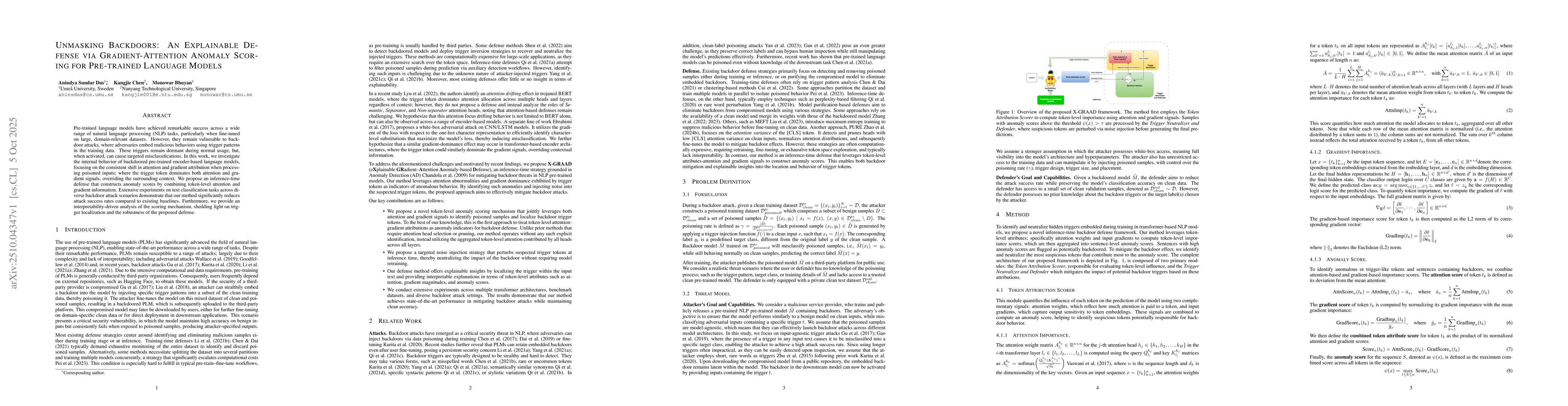 Thumbnail for Unmasking Backdoors: An Explainable Defense via Gradient-Attention
  Anomaly Scoring for Pre-trained Language Models