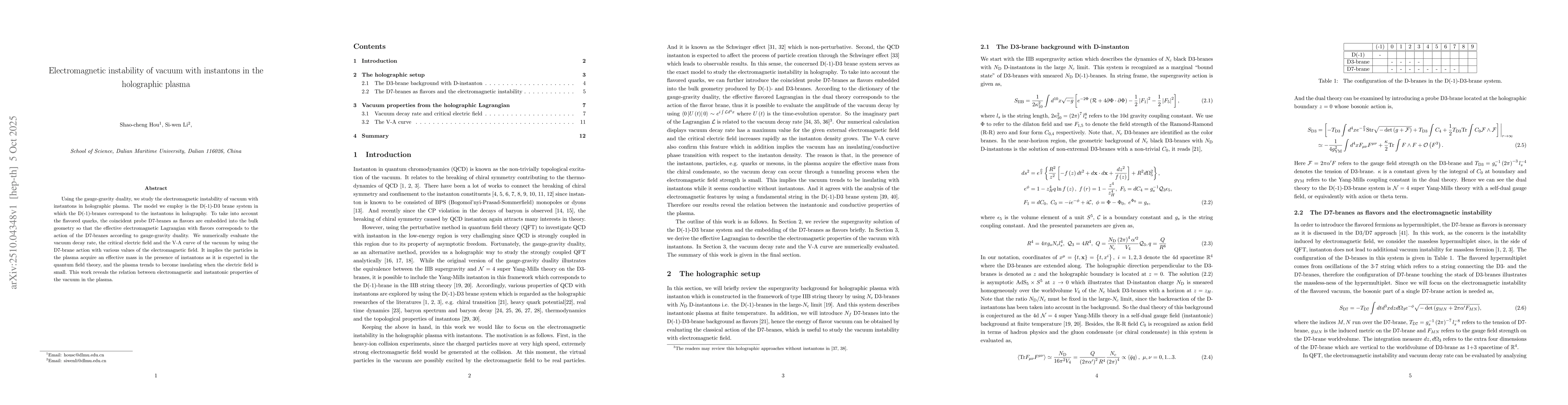 Thumbnail for Electromagnetic instability of vacuum with instantons in the holographic
  plasma