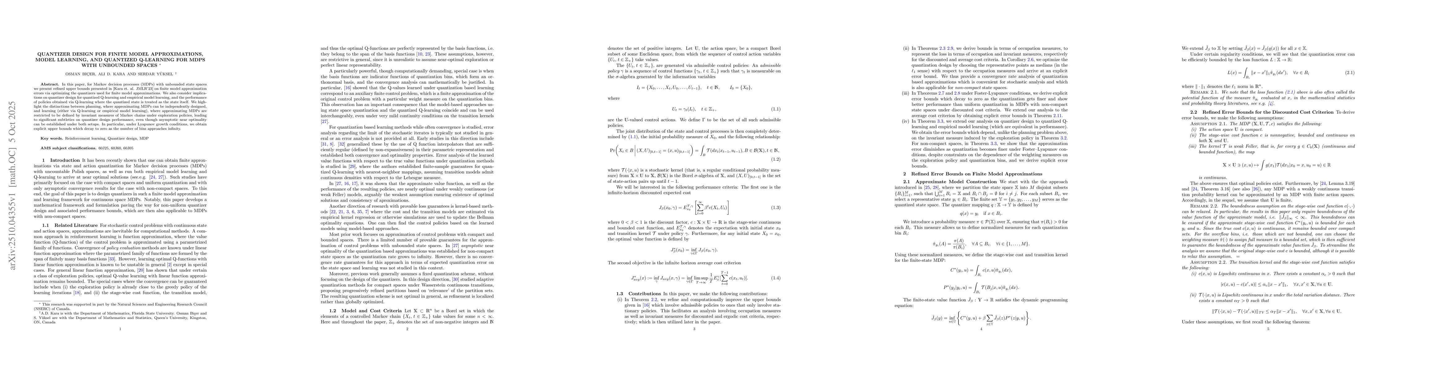 Thumbnail for Quantizer Design for Finite Model Approximations, Model Learning, and
  Quantized Q-Learning for MDPs with Unbounded Spaces