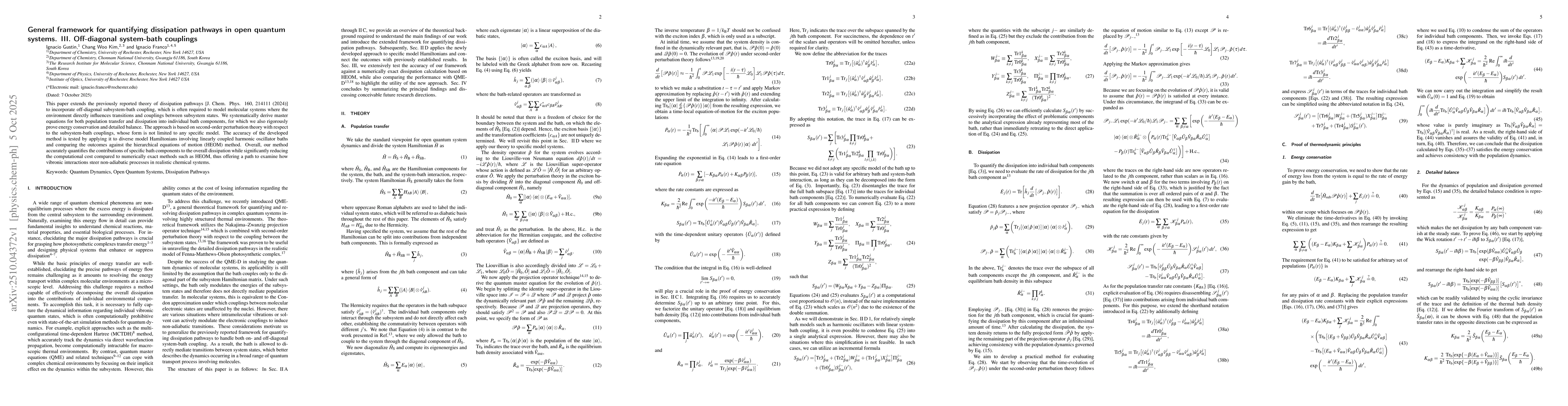 Thumbnail for General framework for quantifying dissipation pathways in open quantum
  systems. III. Off-diagonal system-bath couplings