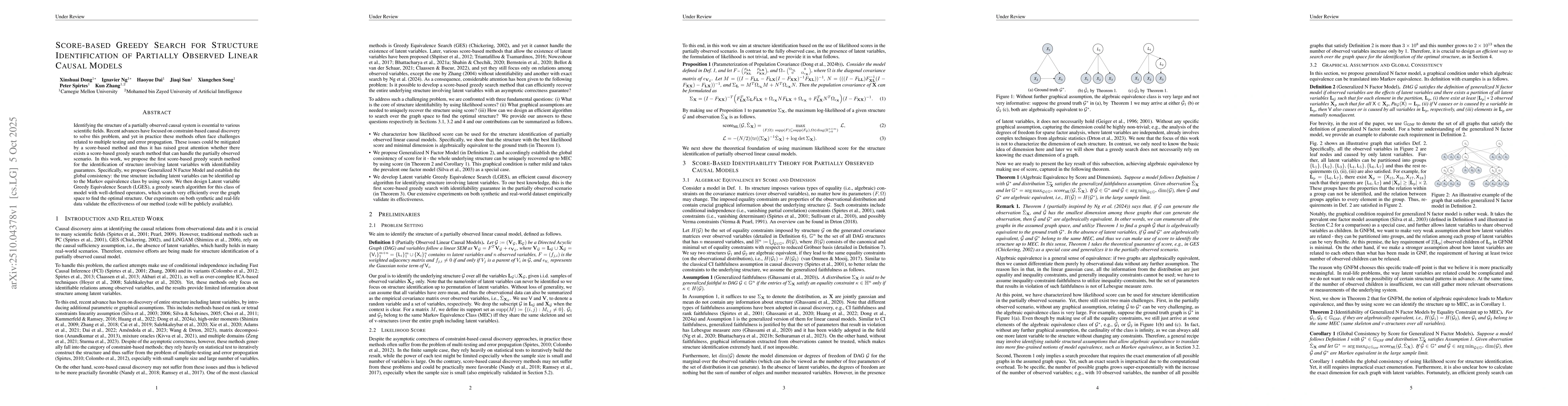 Thumbnail for Score-based Greedy Search for Structure Identification of Partially
  Observed Linear Causal Models