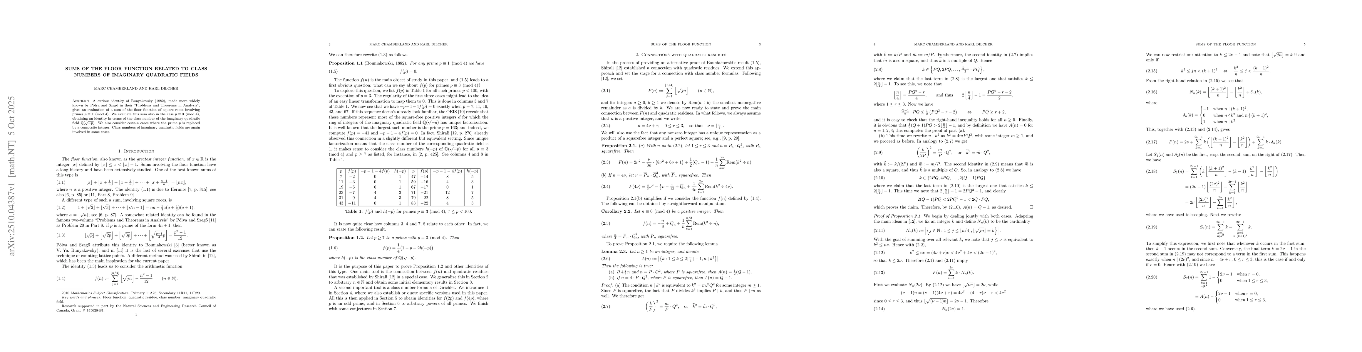Thumbnail for Sums of the floor function related to class numbers of imaginary
  quadratic fields