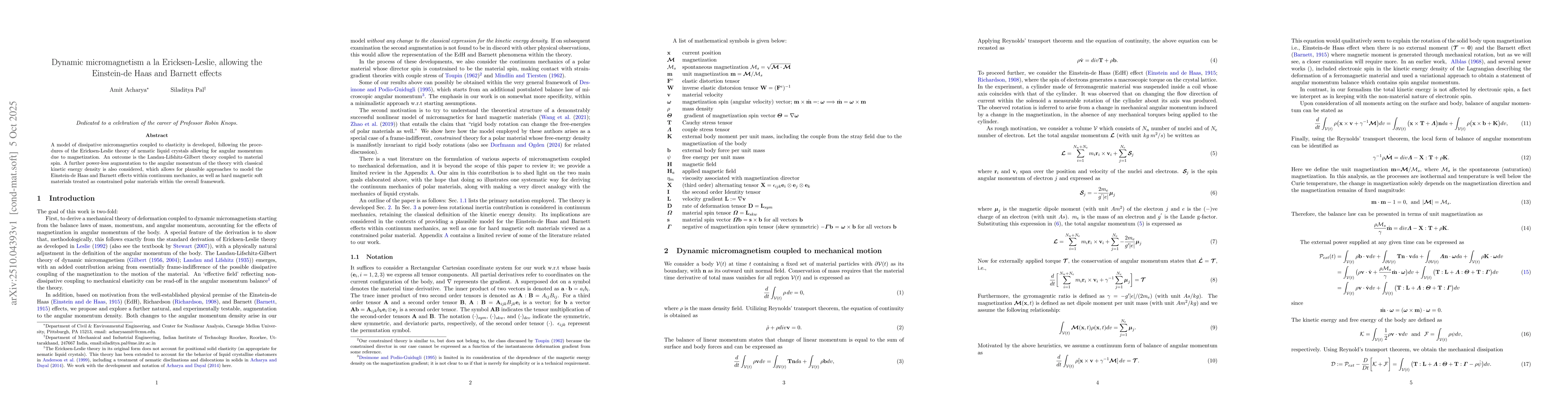 Thumbnail for Dynamic micromagnetism a la Ericksen-Leslie, allowing the Einstein-de
  Haas and Barnett effects