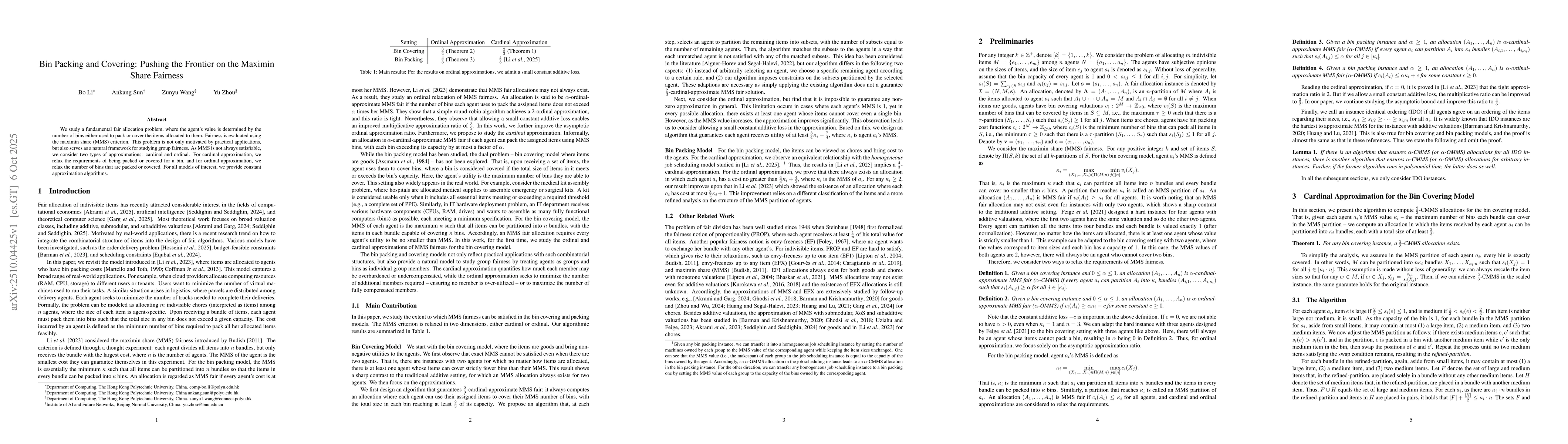 Thumbnail for Bin Packing and Covering: Pushing the Frontier on the Maximin Share
  Fairness