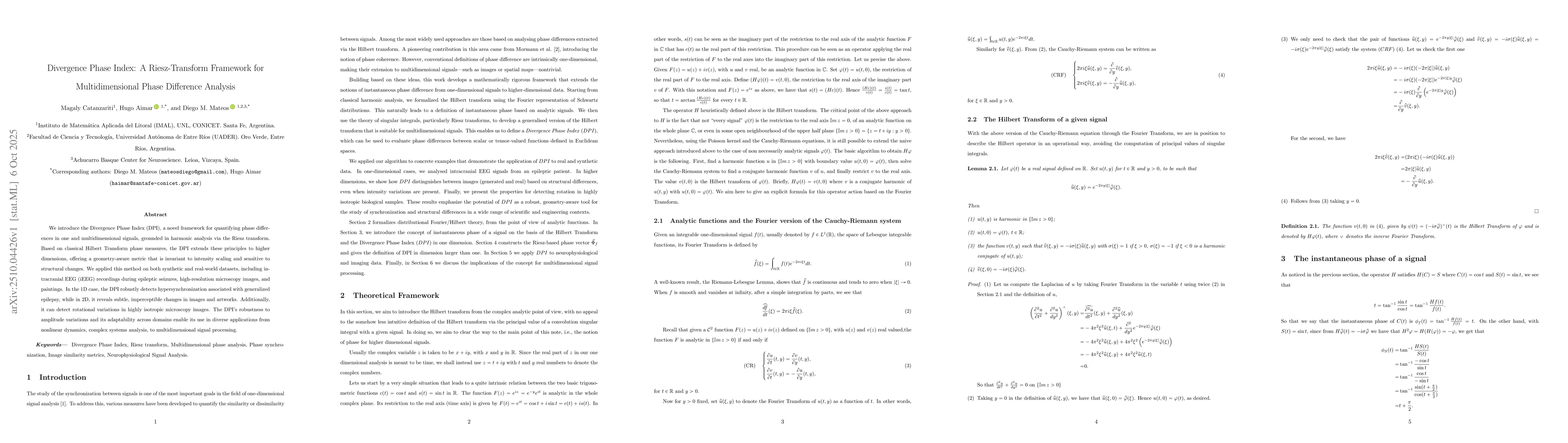 Thumbnail for Divergence Phase Index: A Riesz-Transform Framework for Multidimensional
  Phase Difference Analysis