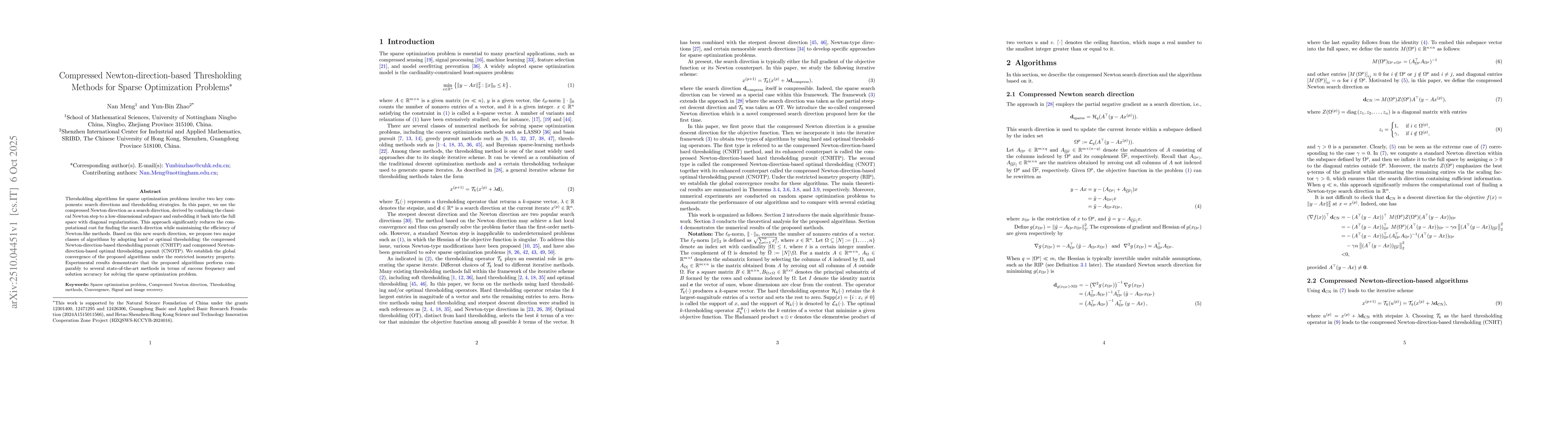 Thumbnail for Compressed Newton-direction-based Thresholding Methods for Sparse
  Optimization Problems