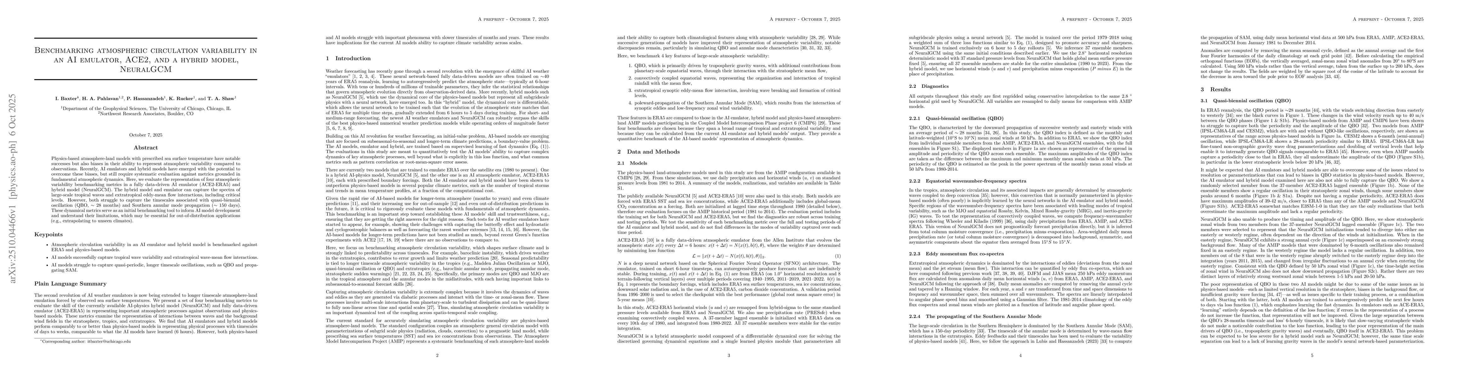 Thumbnail for Benchmarking atmospheric circulation variability in an AI emulator,
  ACE2, and a hybrid model, NeuralGCM
