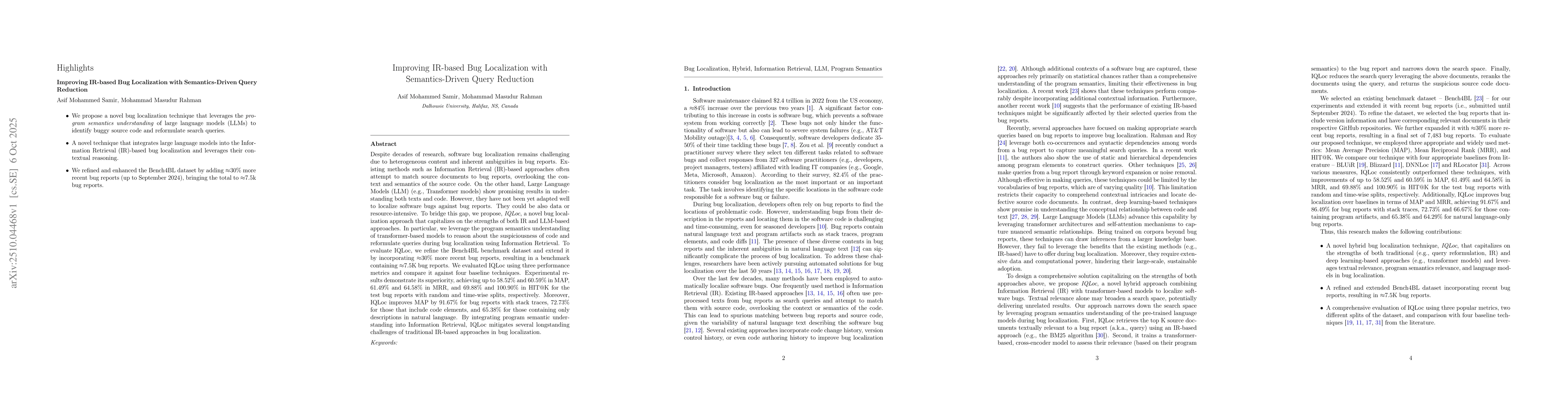 Thumbnail for Improving IR-based Bug Localization with Semantics-Driven Query
  Reduction