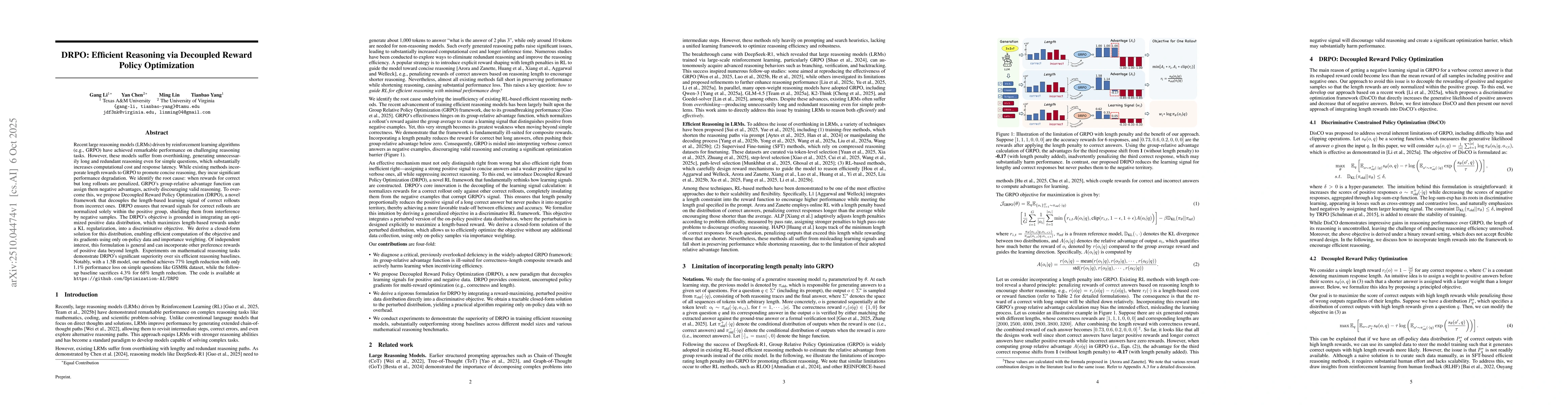 Thumbnail for DRPO: Efficient Reasoning via Decoupled Reward Policy Optimization