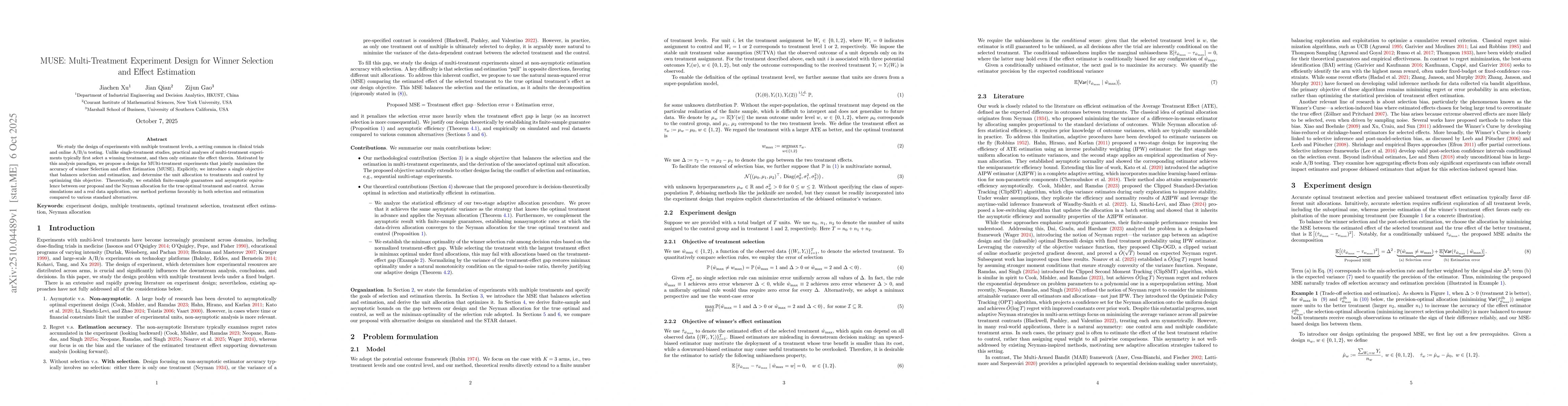 Thumbnail for MUSE: Multi-Treatment Experiment Design for Winner Selection and Effect
  Estimation