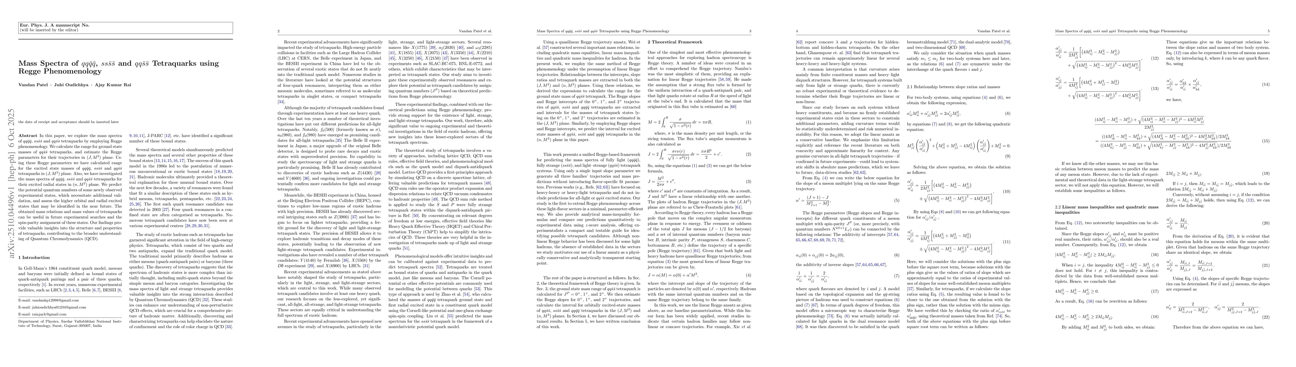 Thumbnail for Mass Spectra of $qq\bar{q}\bar{q}$, $ss\bar{s}\bar{s}$ and
  $qq\bar{s}\bar{s}$ Tetraquarks using Regge Phenomenology