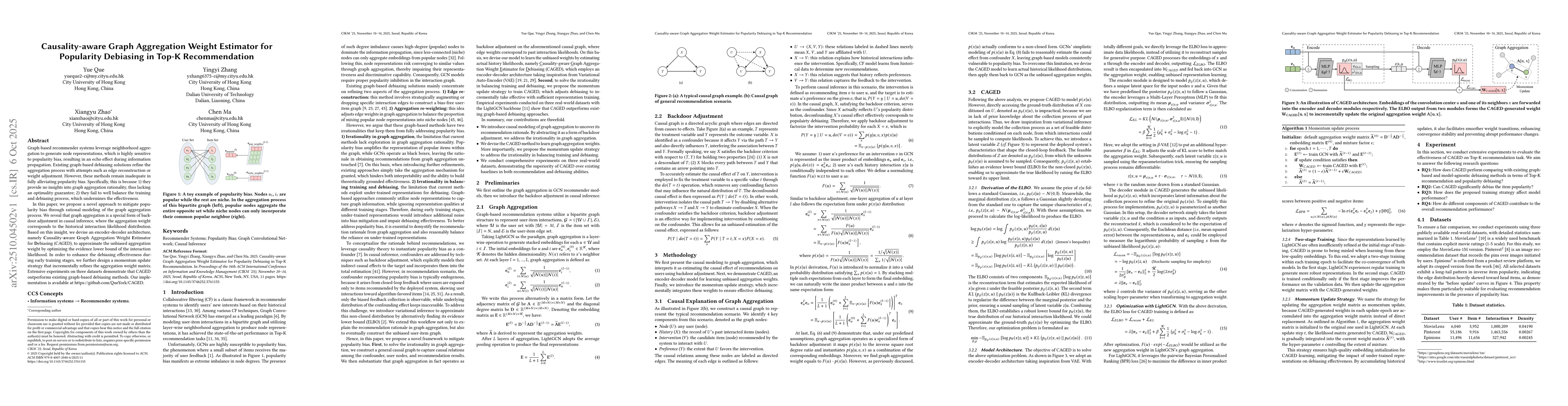 Thumbnail for Causality-aware Graph Aggregation Weight Estimator for Popularity
  Debiasing in Top-K Recommendation
