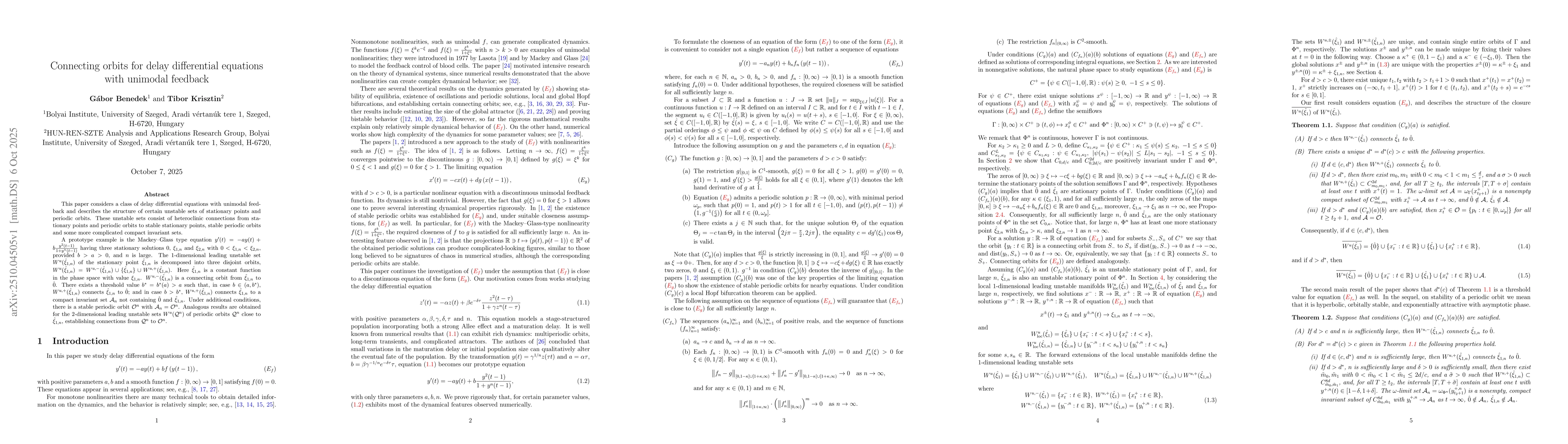 Thumbnail for Connecting orbits for delay differential equations with unimodal
  feedback