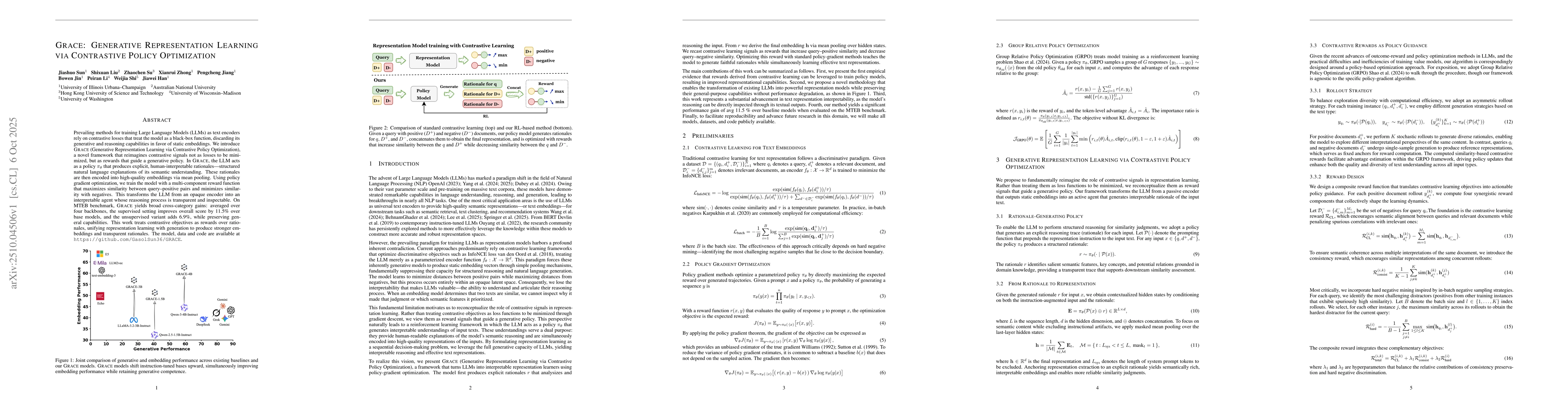 Thumbnail for GRACE: Generative Representation Learning via Contrastive Policy
  Optimization