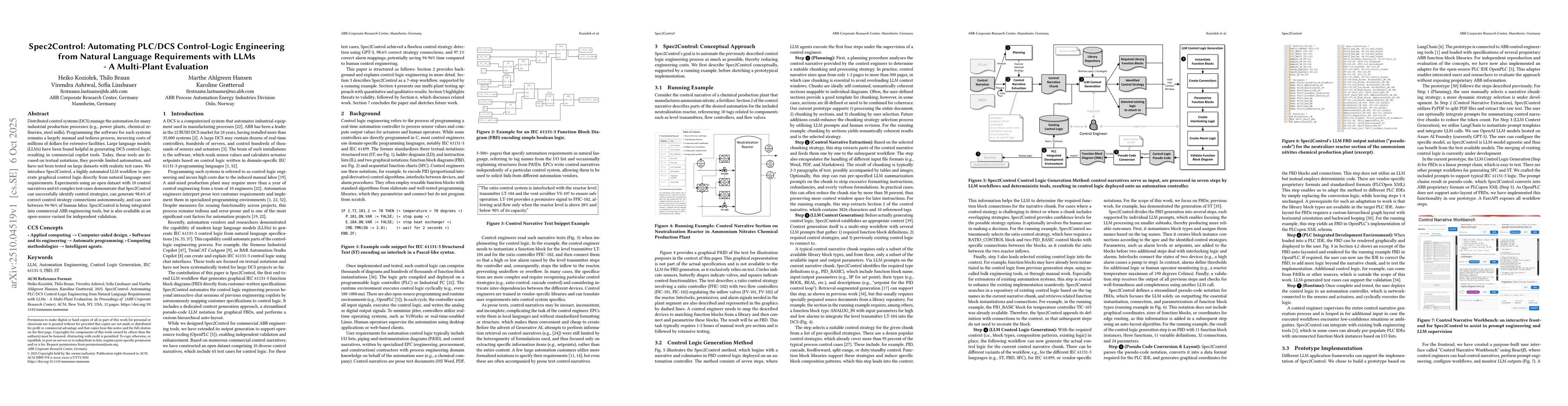 Thumbnail for Spec2Control: Automating PLC/DCS Control-Logic Engineering from Natural
  Language Requirements with LLMs - A Multi-Plant Evaluation