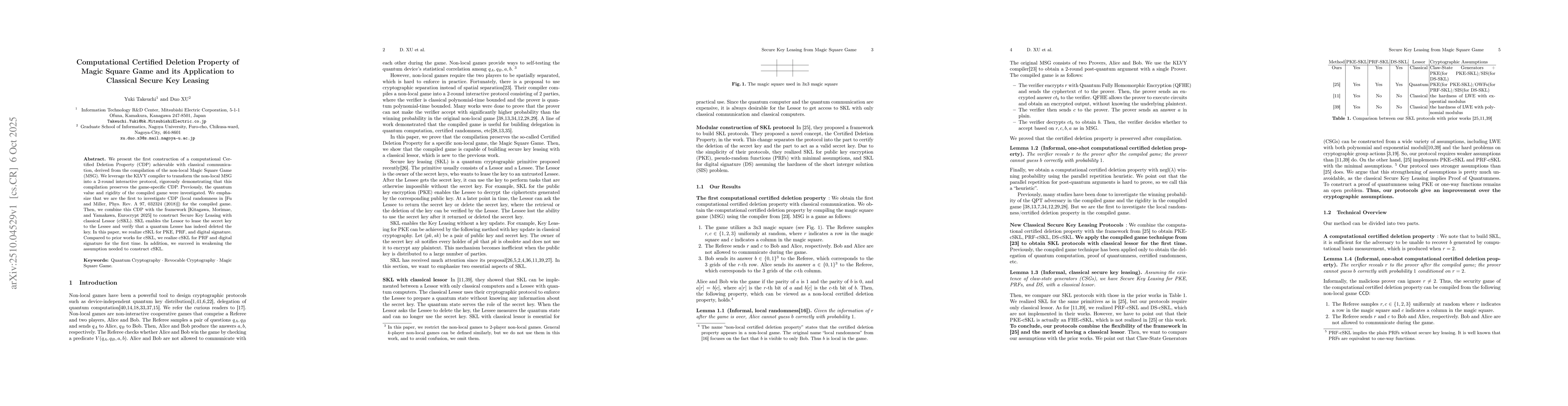 Thumbnail for Computational Certified Deletion Property of Magic Square Game and its
  Application to Classical Secure Key Leasing