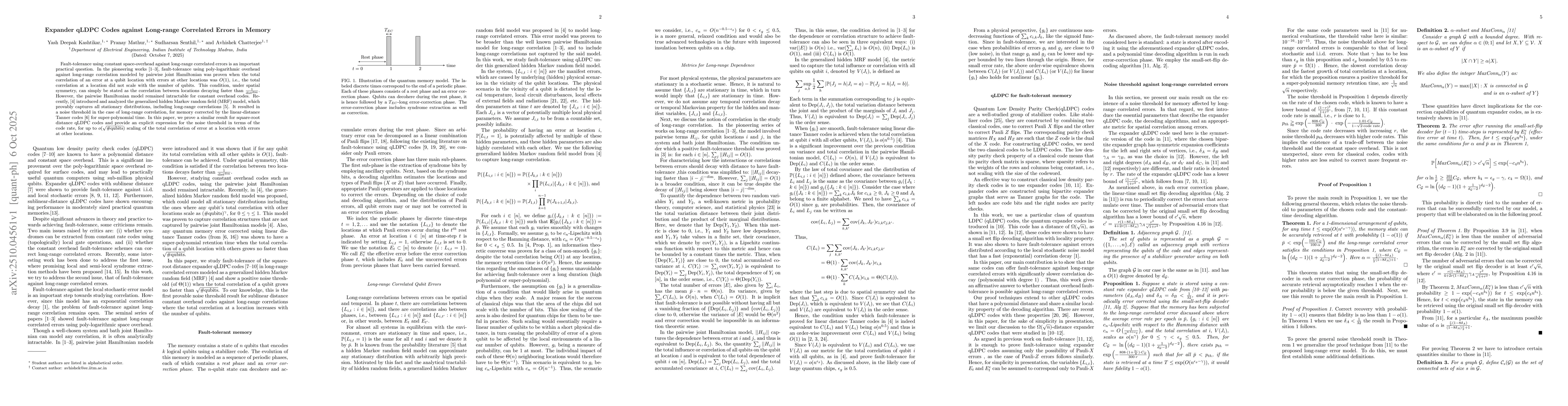 Thumbnail for Expander qLDPC Codes against Long-range Correlated Errors in Memory