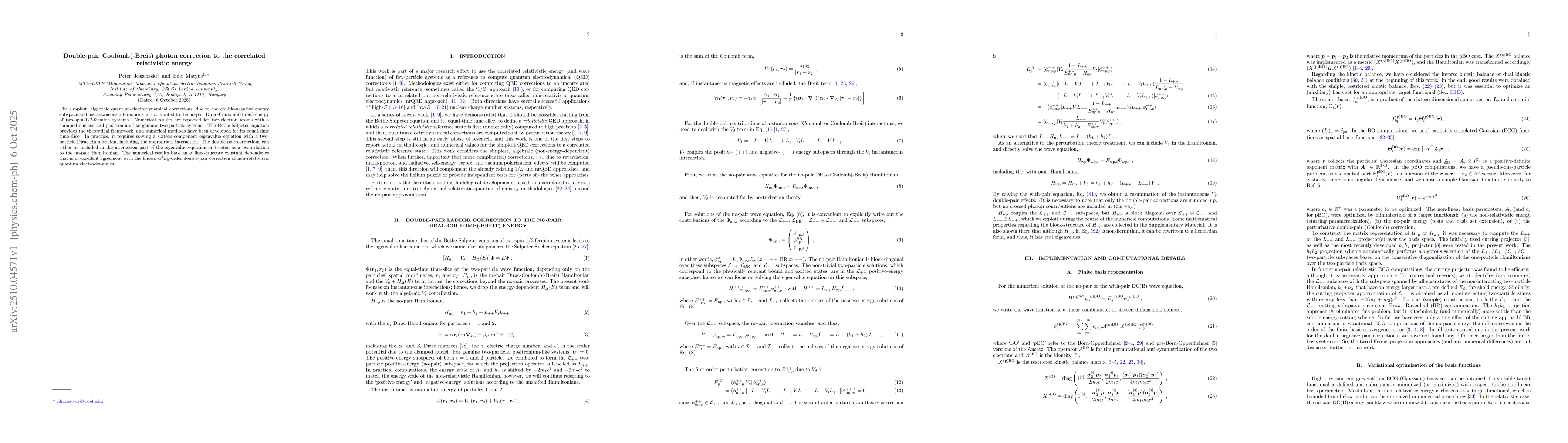 Thumbnail for Double-pair Coulomb(-Breit) photon correction to the correlated
  relativistic energy