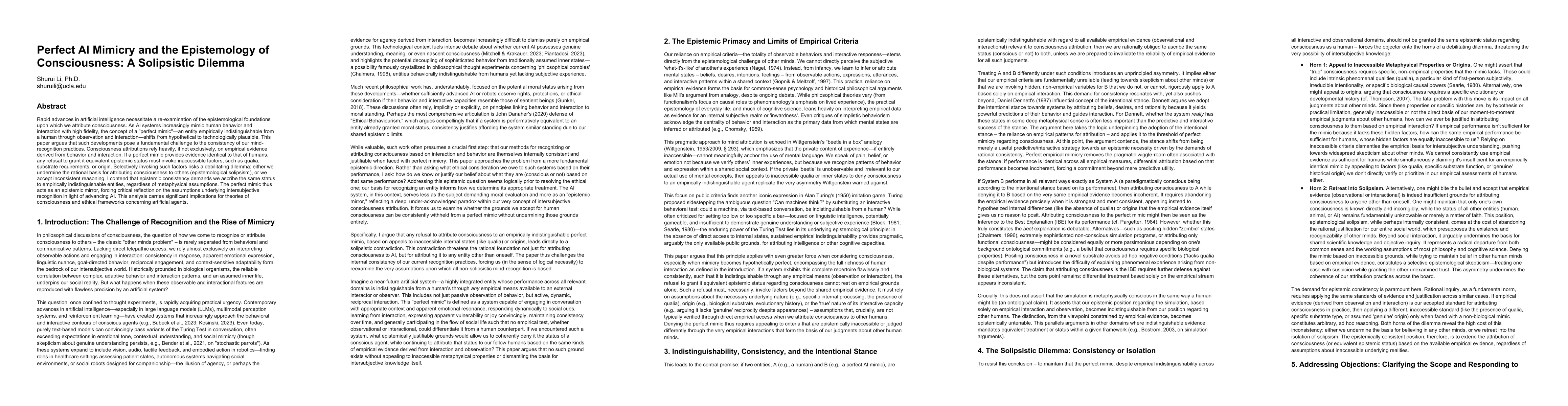 Thumbnail for Perfect AI Mimicry and the Epistemology of Consciousness: A Solipsistic
  Dilemma