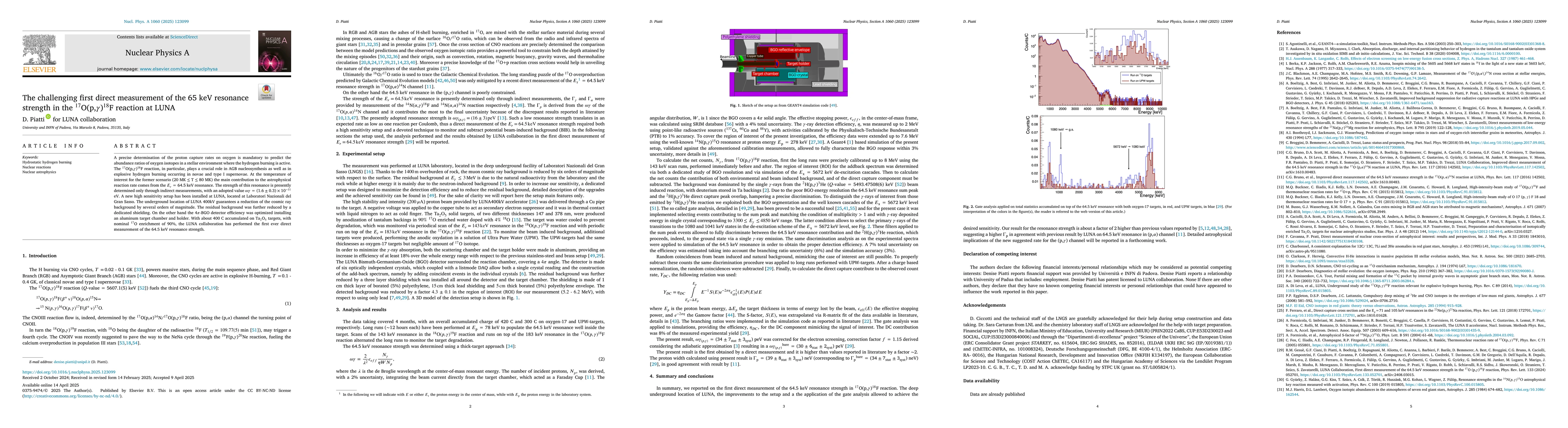 Thumbnail for The challenging first direct measurement of the 65 keV resonance
  strength in the $^{17}$O(p,$γ$)$^{18}$F reaction at LUNA