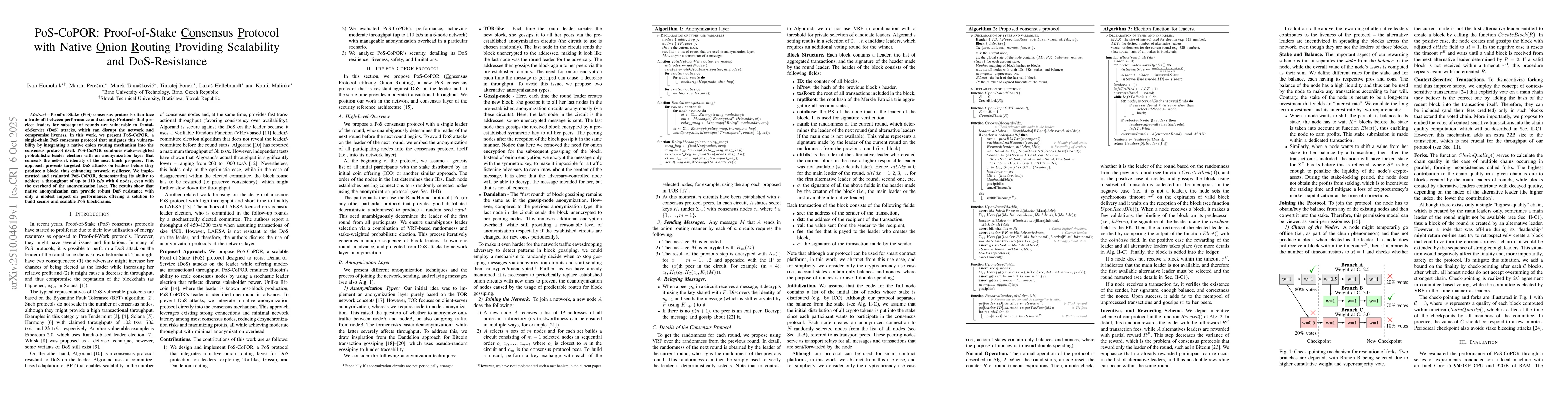 Thumbnail for PoS-CoPOR: Proof-of-Stake Consensus Protocol with Native Onion Routing
  Providing Scalability and DoS-Resistance